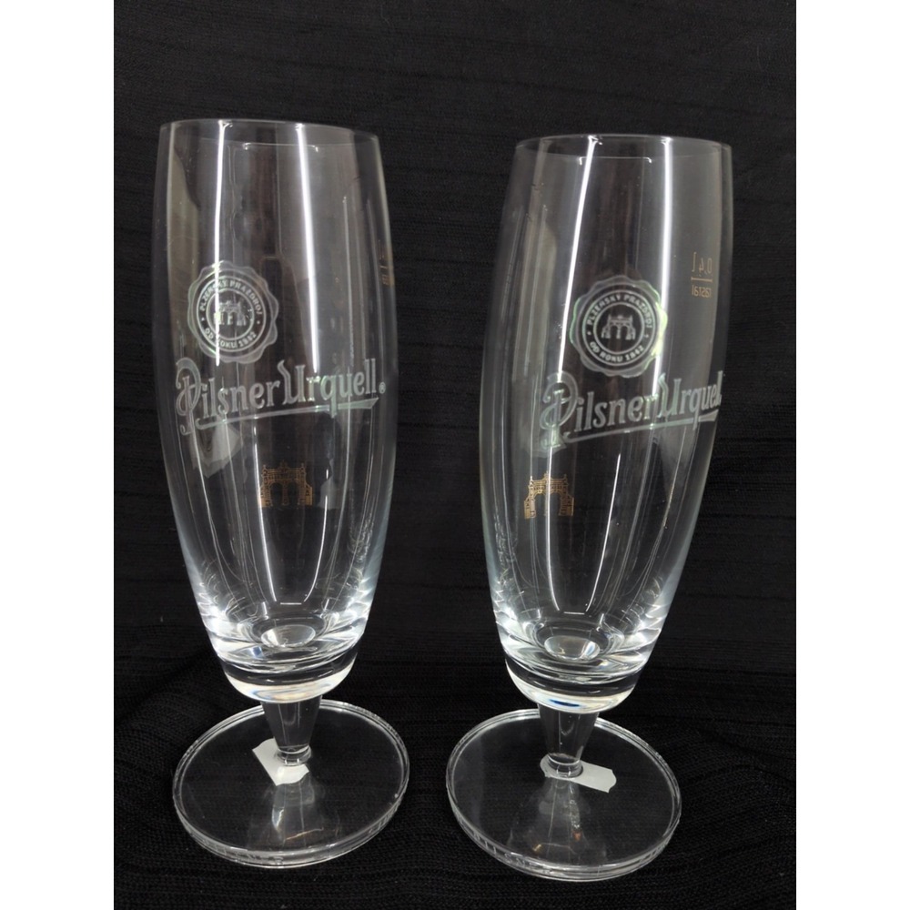 2  NEW PILSNER URQUELL .4L Etched Stemmed Beer Glasses Plzen Czech Republic